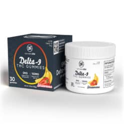 Cannabis Life 150mg Delta 9 THC Strawnana Gummies Sealable Jar 30 count next to box sold in.