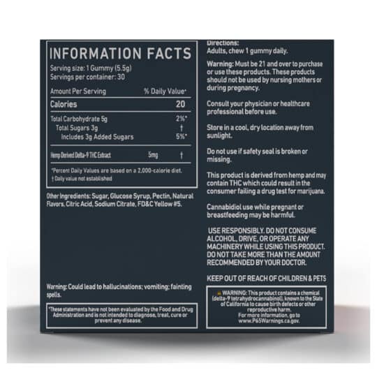 Cannabis Life 150mg Delta 9 THC Strawnana Gummies Sealable Jar box back view showing informational facts.