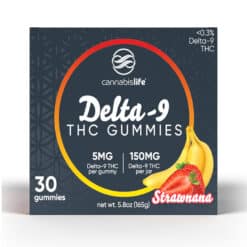 Cannabis Life 150mg Delta 9 THC Strawnana Gummies Sealable Jar box front view.