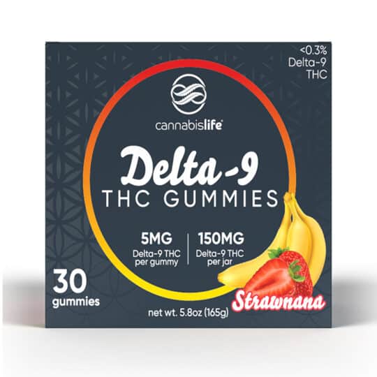 Cannabis Life 150mg Delta 9 THC Strawnana Gummies Sealable Jar box front view.