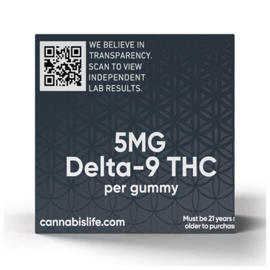 Cannabis Life 150mg Delta 9 THC Strawnana Gummies Sealable Jar box right side panel showing 5mg per gummy.