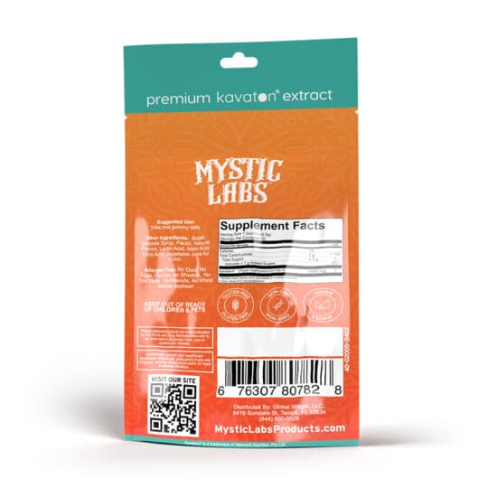 Mystic Labs Kavaton Gummies 10 count provides 12000mg per resealable pack in Fruit Punch flavor. Showing back of the pack with Supplement Facts and ingredients.
