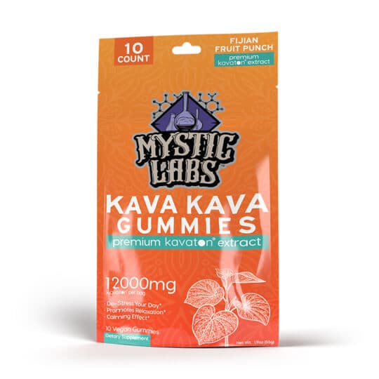 Mystic Labs Kavaton Gummies 10 count provides 12000mg per resealable pack in Fruit Punch flavor. Showing front of pack.