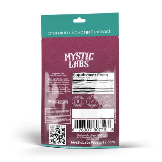 Mystic Labs Kavaton Gummies 10 count provides 12000mg per resealable pack in Fruit Punch flavor. Showing back of pack.