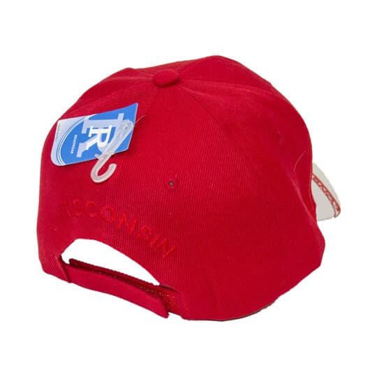 Wisconsin red cap with white curved bill with embroidered design and adjustable Velcro closure. Back of hat shown.
