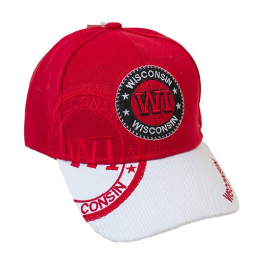 Wisconsin red cap with white curved bill with embroidered design and adjustable Velcro closure. Front of hat shown.