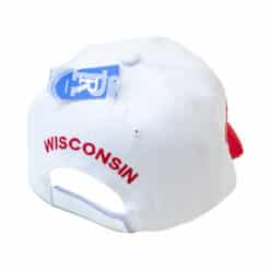 Wisconsin white cap with red curved bill with embroidered design and adjustable Velcro closure. Back of hat shown.