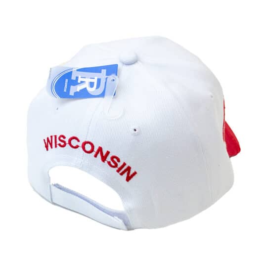 Wisconsin white cap with red curved bill with embroidered design and adjustable Velcro closure. Back of hat shown.