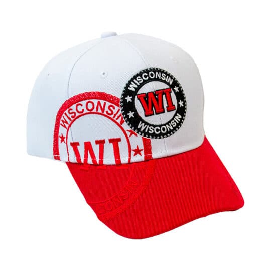 Wisconsin white cap with red curved bill with embroidered design and adjustable Velcro closure. Front of hat shown.