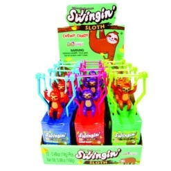 Swingin' Sloth Candy & Toy display contains 3 different colors of sloth toys on a swing on top of a container filled with chewy candy!