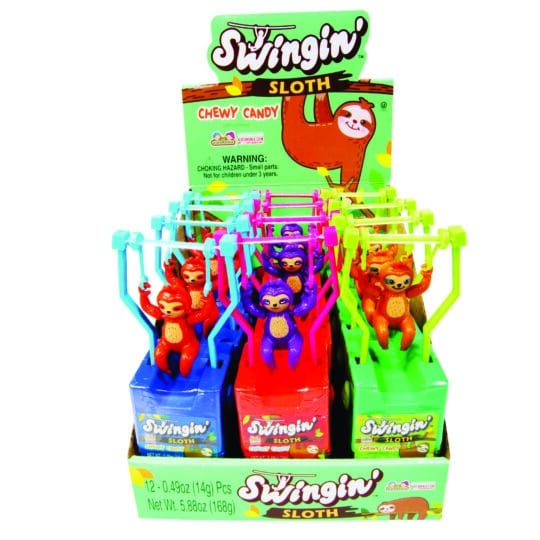 Swingin' Sloth Candy & Toy display contains 3 different colors of sloth toys on a swing on top of a container filled with chewy candy!