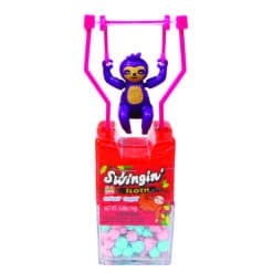 Swingin' Sloth Candy & Toy has a a purple sloth toy that can swing around a bar on top of a base container filled with chewy candy!