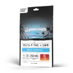 Green Roads 250mg Delta 9 THC + CBD Raspberry Haze flavor Gummies in a 10-Pack resealable bag. Showing front of bag.
