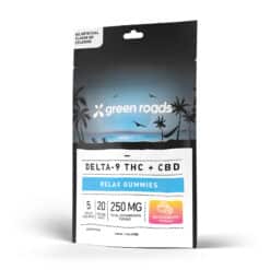 Green Roads 250mg Delta 9 THC + CBD Watermelon Punch flavor Gummies in a 10-Pack resealable bag. Showing front of bag.