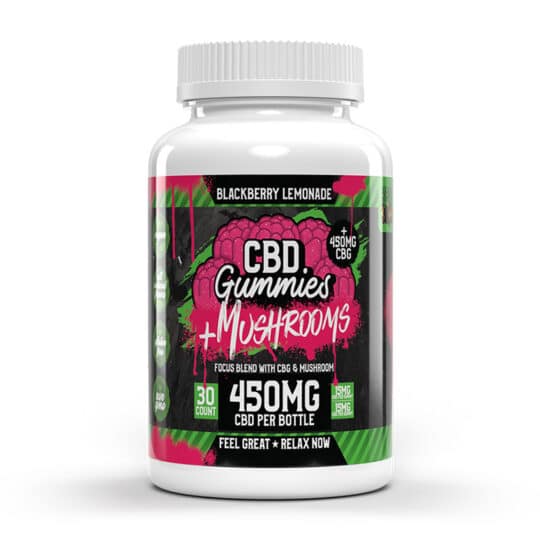 Hemp Bombs 450mg Mushrooms Gummies in Blackberry Lemonade flavor in 30-count bottle. Showing front of bottle.