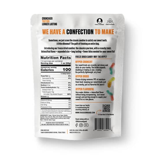 Sweet Worms Freeze Dried candy 1.5oz bags. Back shown.