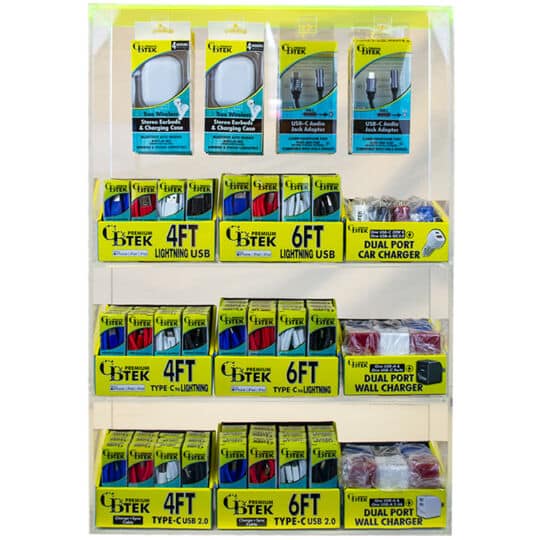 CBTEK 3-Tier 4-Peg acrylic prepack display contains a mix of Premium line charging cables, wall and car chargers, wireless ear buds, audio jacks, and aux cables.