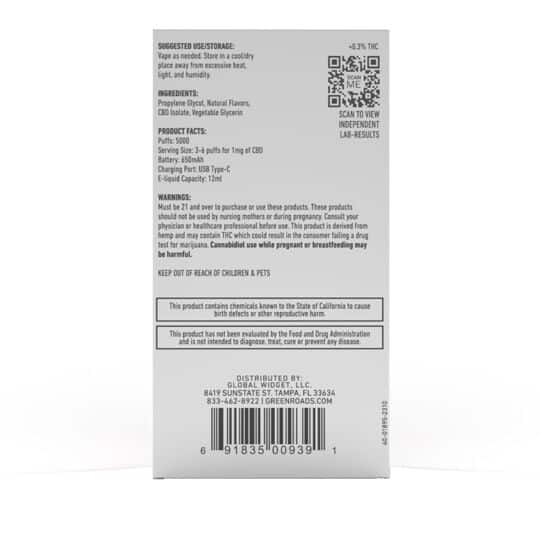 Green Roads Peach Ice 1200MG CBD Vape box back with fact information.