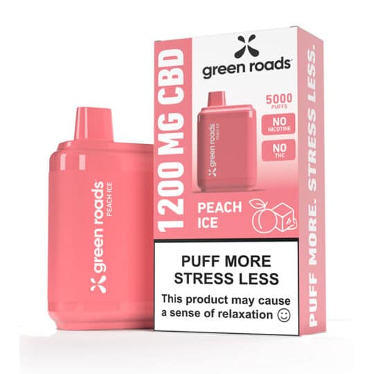 Green Roads Peach Ice 1200MG CBD Vape box and device.