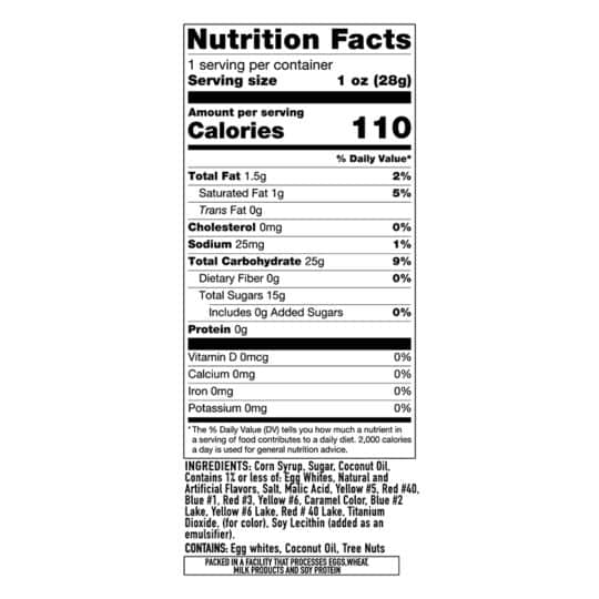 Taffy Bombs Freeze Dried Candy closeup of nutritional facts shown.