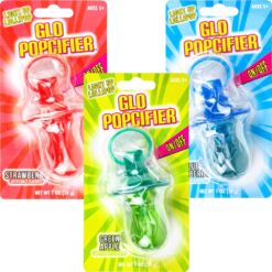 3 flavors of the Glo Popcifier Lollipop shown - Strawberry, Blue Raspberry, and Green Apple.