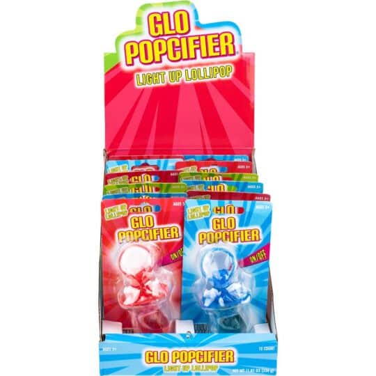 Glo Popcifier Lollipop display contains 3 flavors of Strawberry, Blue Raspberry, and Green Apple. 12 pacifiers per display. Front view shown.