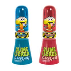 Toxic Waste Slime Licker Spray candy in blue razz and strawberry flavors. One of each shown.