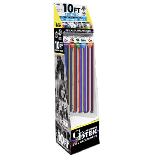 CBTEK 10-foot Floor Prepack Display has 5 pegs for hanging 40 long charging cables and top display shelf for dual port car and wall chargers. Bonus storage for back stock in the bottom.