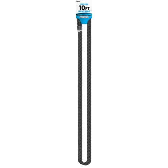 CBTEK iPhone MFI Certified 10ft Nylon Hanging Cable shown in black color.