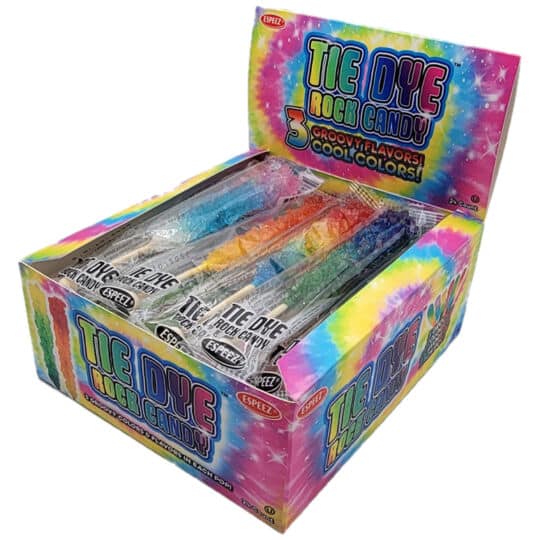 Tie Dye Rock Candy Sticks individually wrapped in a colorful counter display box. Showing angled view.