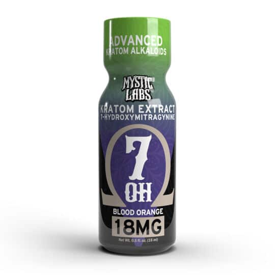 Mystic Labs 7OH shot bottle contains 18mg of 7-Hydroxymitragynine for 2 servings. Front view of bottle.