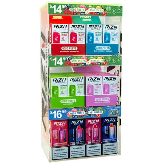 RIZN 6000 & 9000 Puffs Pre-Pack Display holds 60 total vapes on 3-tier shelves.