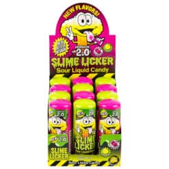 Toxic Waste Slime Licker 2.0 sour liquid candy display with Green Apple and Black Cherry flavors. Front view of display.