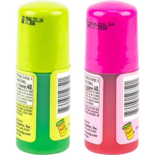 Toxic Waste Slime Licker 2.0 sour liquid candy Green Apple and Black Cherry flavor bottles back view shown.