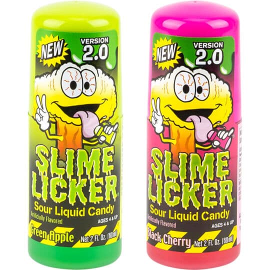 Toxic Waste Slime Licker 2.0 sour liquid candy one Green Apple and one Black Cherry flavor bottles shown.