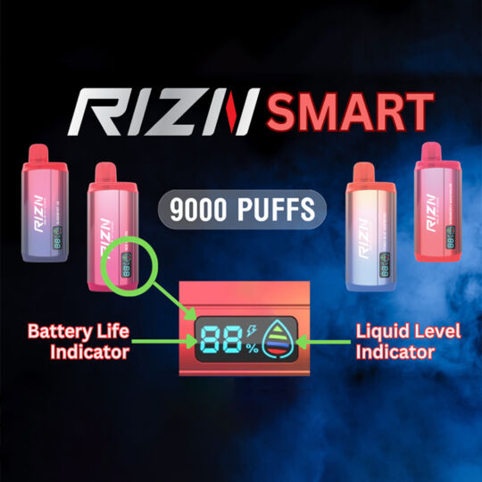 RIZN Smart 9000 Puffs vapes in 4 flavors plus LED battery life and liquid level indicator closeup view.