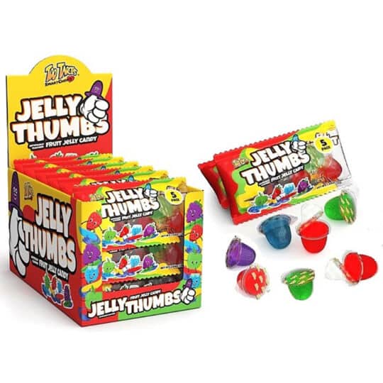 Jelly Thumbs Fruit Jelly Candy in 4 fruity flavors. Display with a pack and individual candy pieces shown.