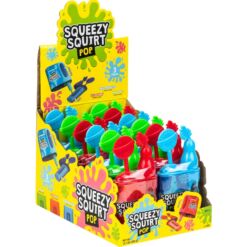 Squeezy Squirt Pop Candy display with 3 flavors.