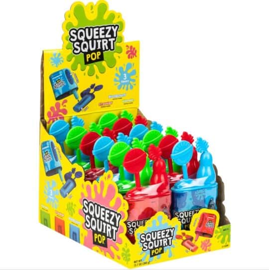 Squeezy Squirt Pop Candy display with 3 flavors.