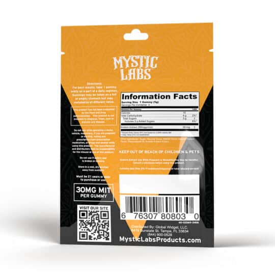 Mystic Labs MIT150 Gummies Mango Pineapple flavor 5ct bag each back.