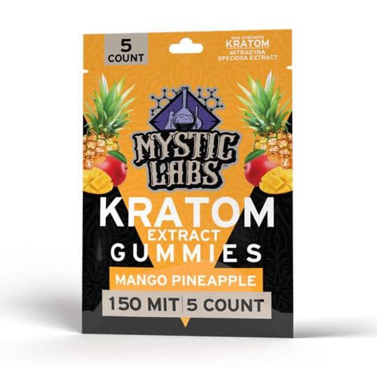 Mystic Labs MIT150 Gummies Mango Pineapple flavor 5ct bag each front.