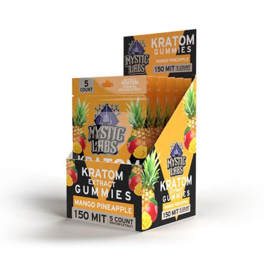 Mystic Labs MIT150 Gummies Mango Pineapple flavor 5ct bags display.