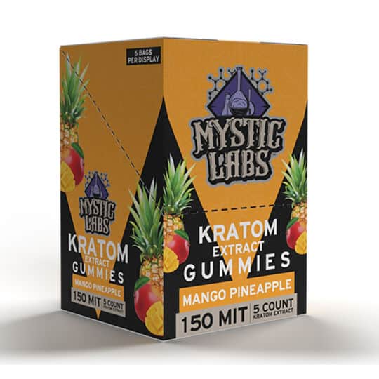 Mystic Labs MIT150 Gummies Mango Pineapple flavor 5ct bags display closed.
