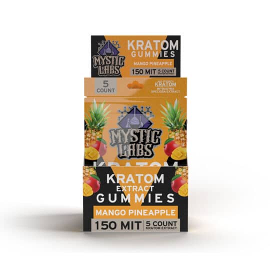 Mystic Labs MIT150 Gummies Mango Pineapple flavor 5ct bags display front view.