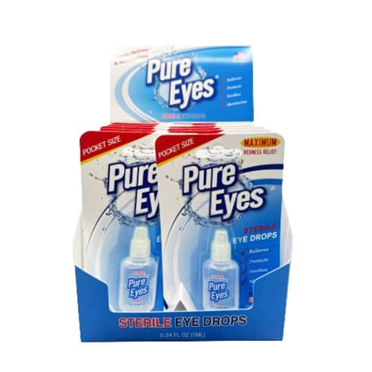 Pure Eyes eye drops packages in display box.