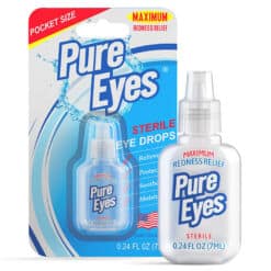 Pure Eyes eye drops package with bottle outside of.