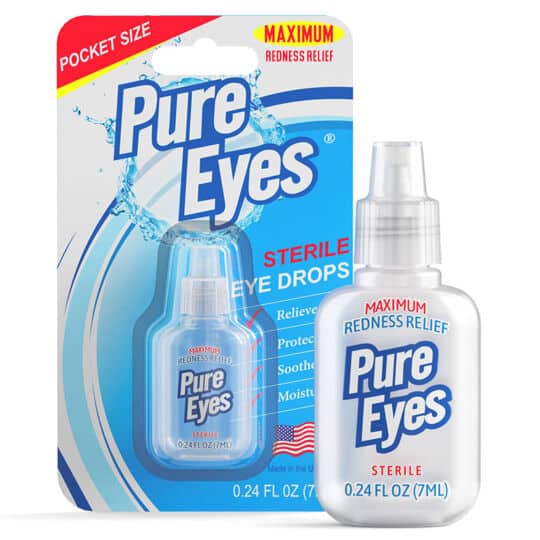 Pure Eyes eye drops package with bottle outside of.