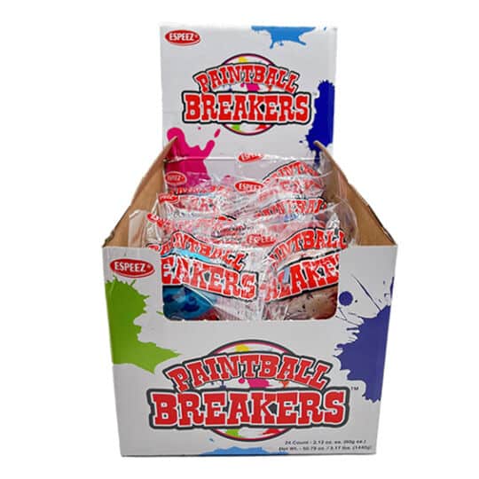 Paintball Breakers 1.75" Jawbreakers display front view with candy pieces individually wrapped.