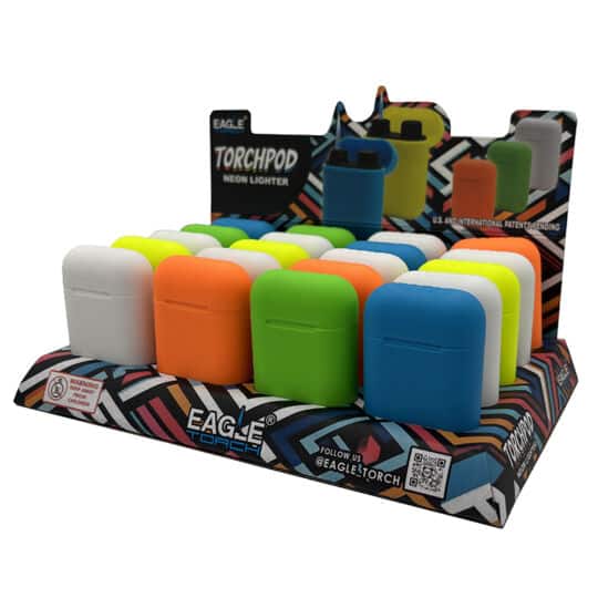 TORCHPOD Neon Lighters display showing 5 available bright colors orange, yellow, green, blue and white.