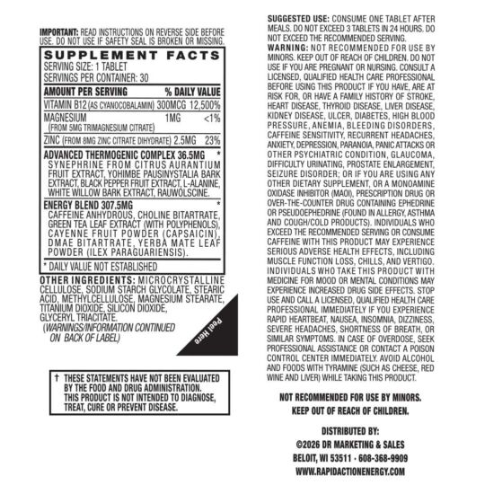 Rapid Action Extreme 30ct Bottle Supplement Facts